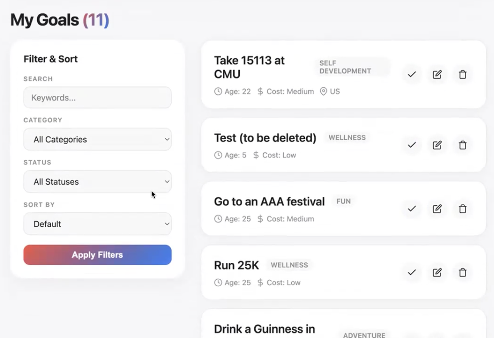 Bucket List Tracker Interface